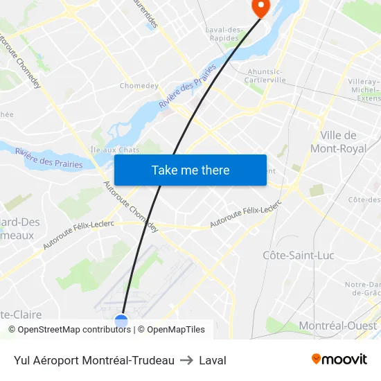 Yul Aéroport Montréal-Trudeau to Laval map