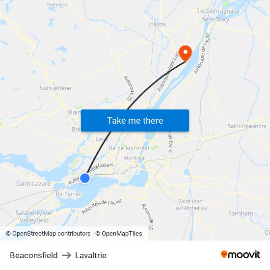 Beaconsfield to Lavaltrie map