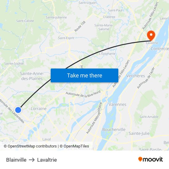 Blainville to Lavaltrie map