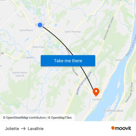 Joliette to Lavaltrie map