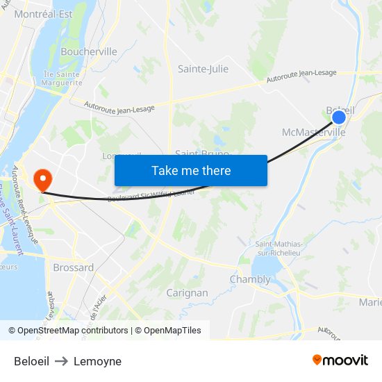 Beloeil to Lemoyne map