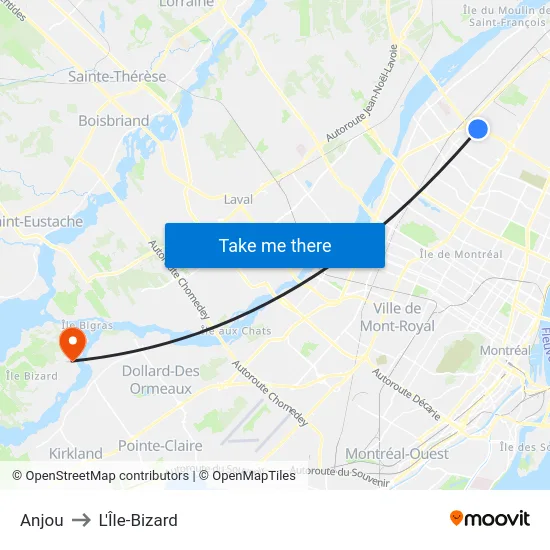 Anjou to L'Île-Bizard map