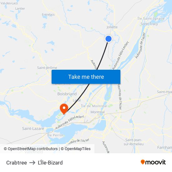 Crabtree to L'Île-Bizard map