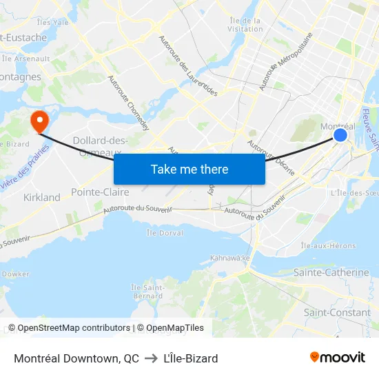 Montréal Downtown, QC to L'Île-Bizard map