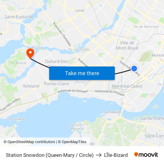 Station Snowdon (Queen-Mary / Circle) to L'Île-Bizard map