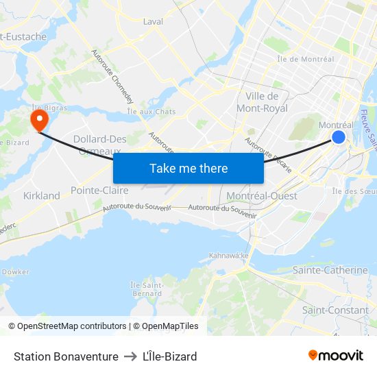 Station Bonaventure to L'Île-Bizard map