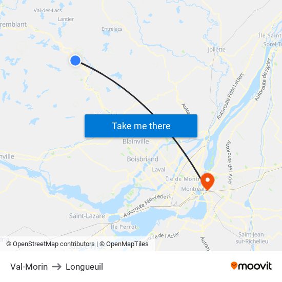Val-Morin to Longueuil map
