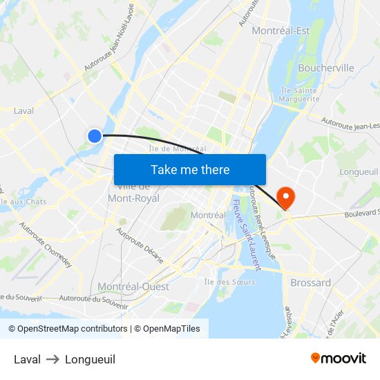 Laval to Longueuil map