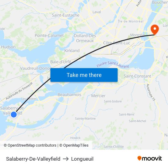 Salaberry-De-Valleyfield to Longueuil map