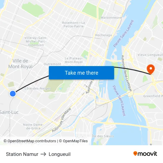 Station Namur to Longueuil map