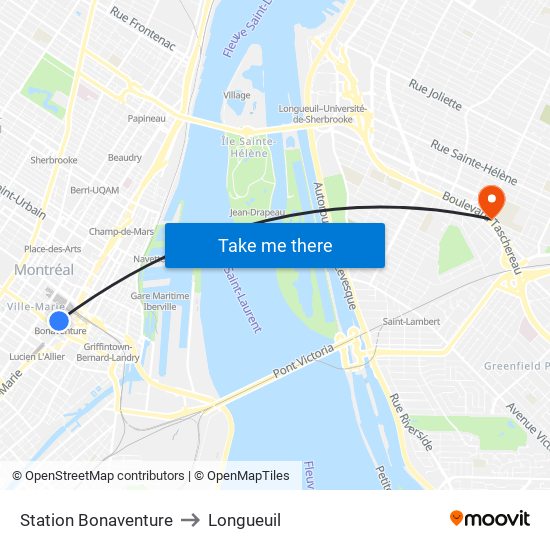 Station Bonaventure to Longueuil map