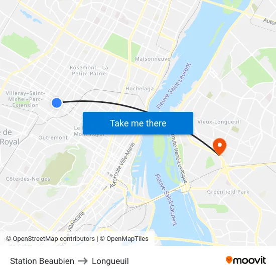 Station Beaubien to Longueuil map