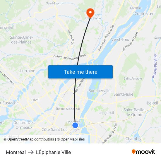 Montréal to L'Épiphanie Ville map
