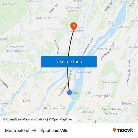 Montréal-Est to L'Épiphanie Ville map