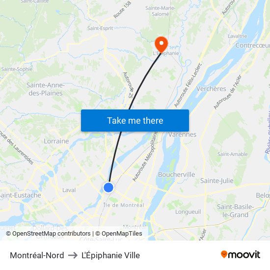 Montréal-Nord to L'Épiphanie Ville map