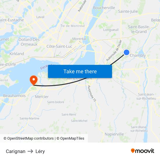 Carignan to Léry map