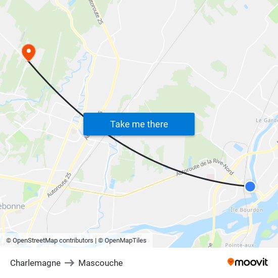 Charlemagne to Mascouche map