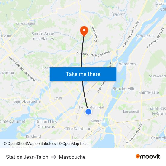 Station Jean-Talon to Mascouche map