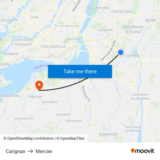 Carignan to Mercier map