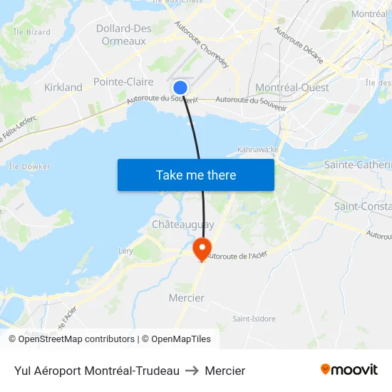 Yul Aéroport Montréal-Trudeau to Mercier map