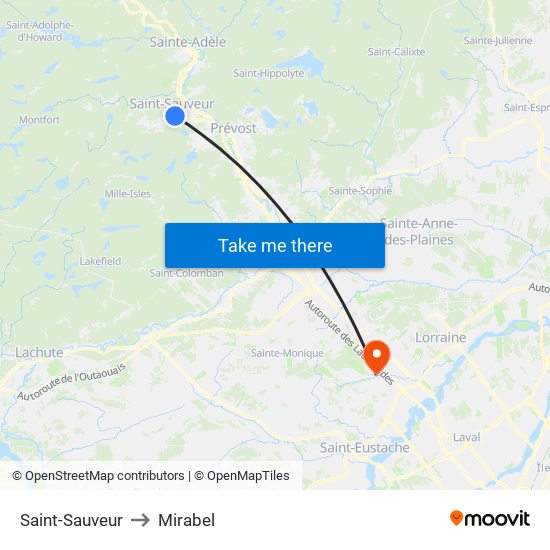 Saint-Sauveur to Mirabel map