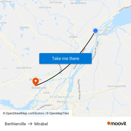 Berthierville to Mirabel map