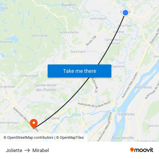 Joliette to Mirabel map