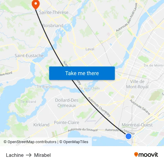 Lachine to Mirabel map