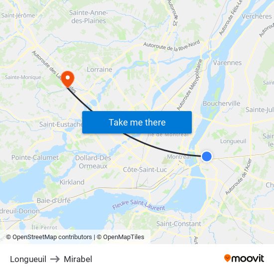 Longueuil to Mirabel map