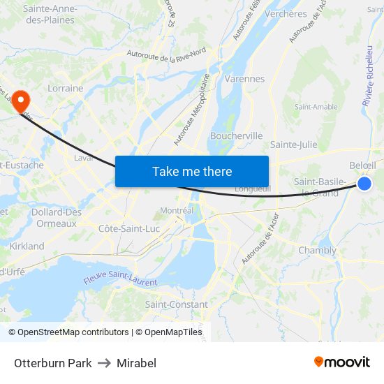 Otterburn Park to Mirabel map