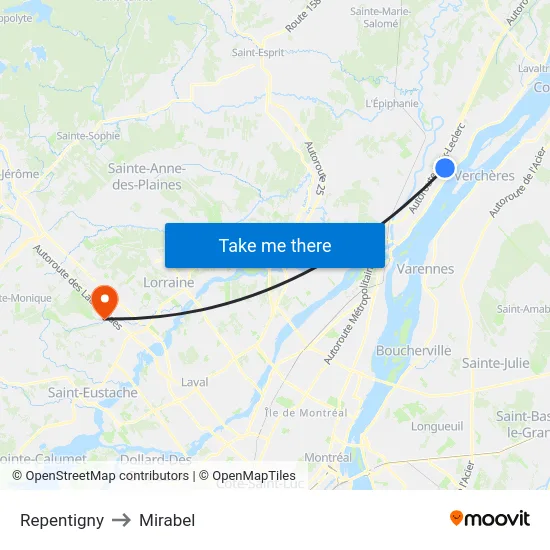 Repentigny to Mirabel map