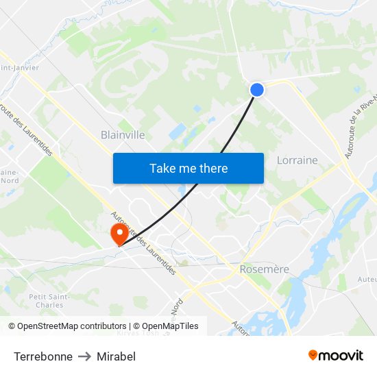 Terrebonne to Mirabel map