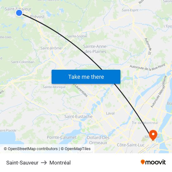 Saint-Sauveur to Montréal map