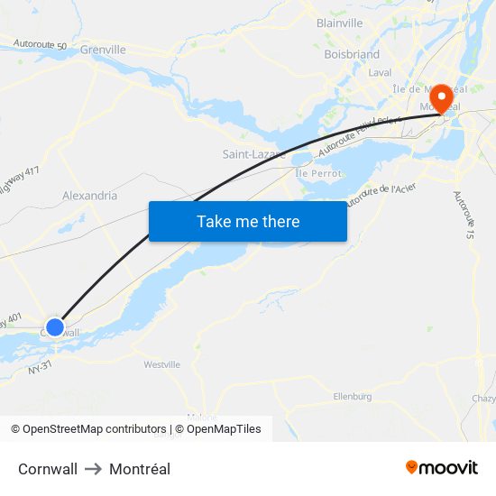 Cornwall to Montréal map