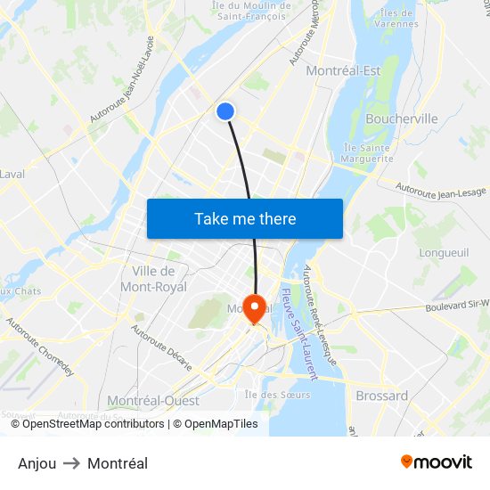 Anjou to Montréal map