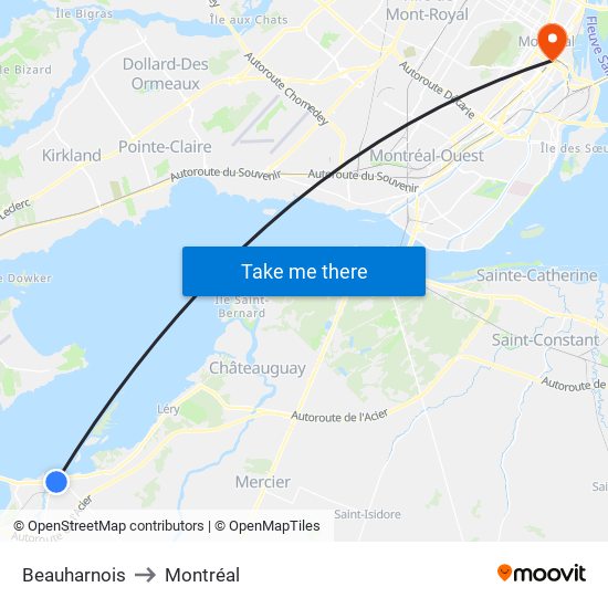 Beauharnois to Montréal map