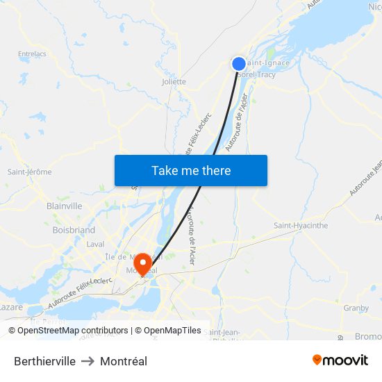 Berthierville to Montréal map