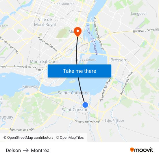 Delson to Montréal map