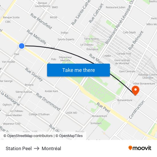 Station Peel to Montréal map