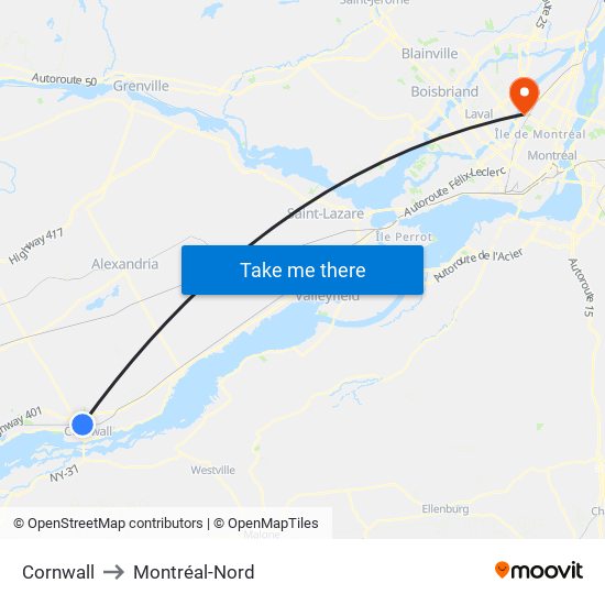 Cornwall to Montréal-Nord map