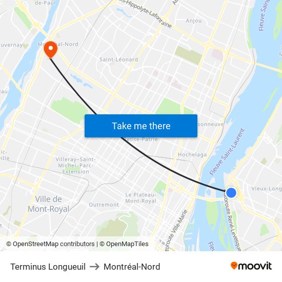 Terminus Longueuil to Montréal-Nord map