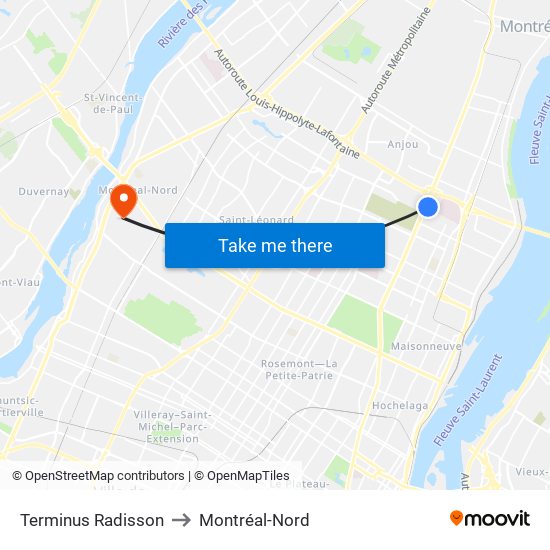 Terminus Radisson to Montréal-Nord map