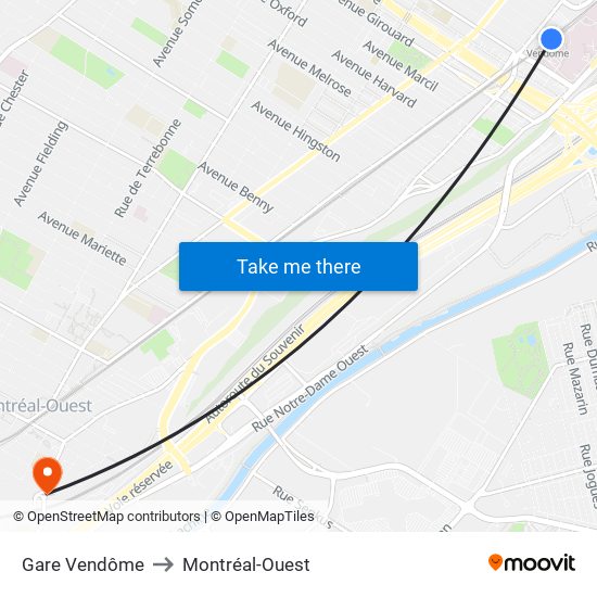 Gare Vendôme to Montréal-Ouest map