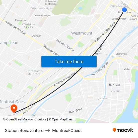 Station Bonaventure to Montréal-Ouest map