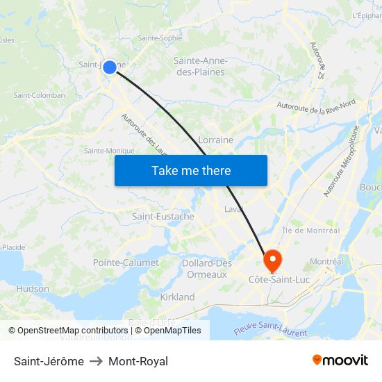 Saint-Jérôme to Mont-Royal map
