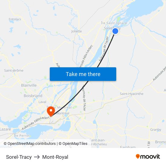 Sorel-Tracy to Mont-Royal map