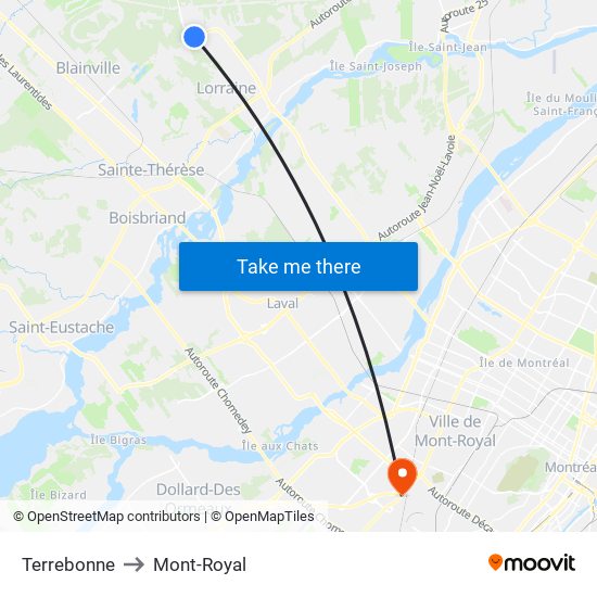 Terrebonne to Mont-Royal map