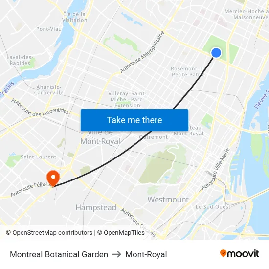 Montreal Botanical Garden to Mont-Royal map