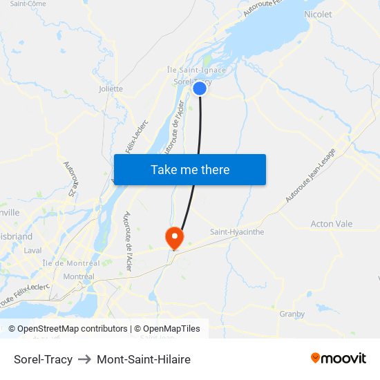 Sorel-Tracy to Mont-Saint-Hilaire map