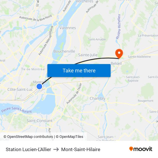 Station Lucien-L'Allier to Mont-Saint-Hilaire map